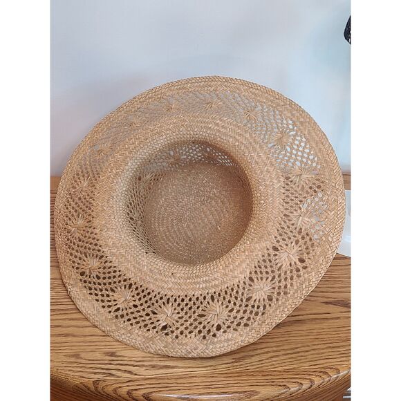 Vintage Raffia Straw Sun Hat Open Cane Weave Round Crown Wide Brim Shell Band - Picture 9 of 10